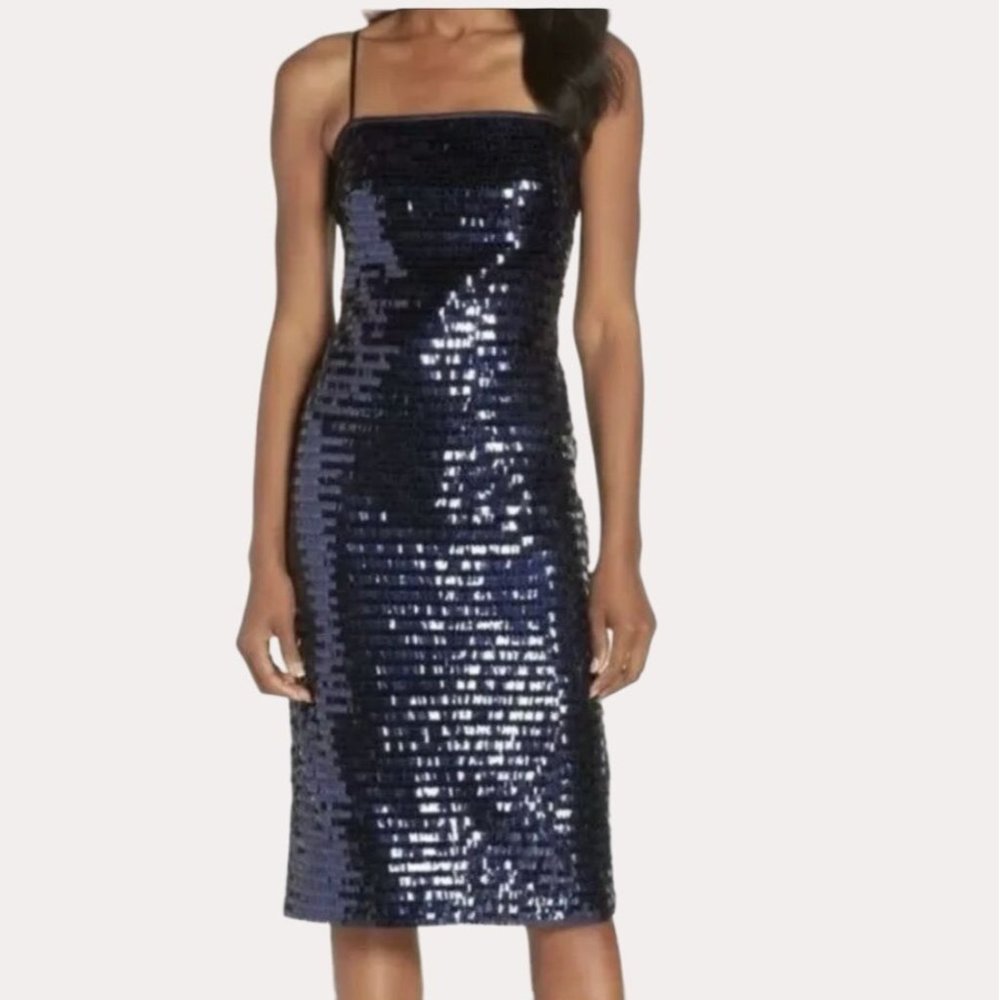 Eliza J Sequin Cocktail Party Sheath Dress Navy Blue 2 NWT